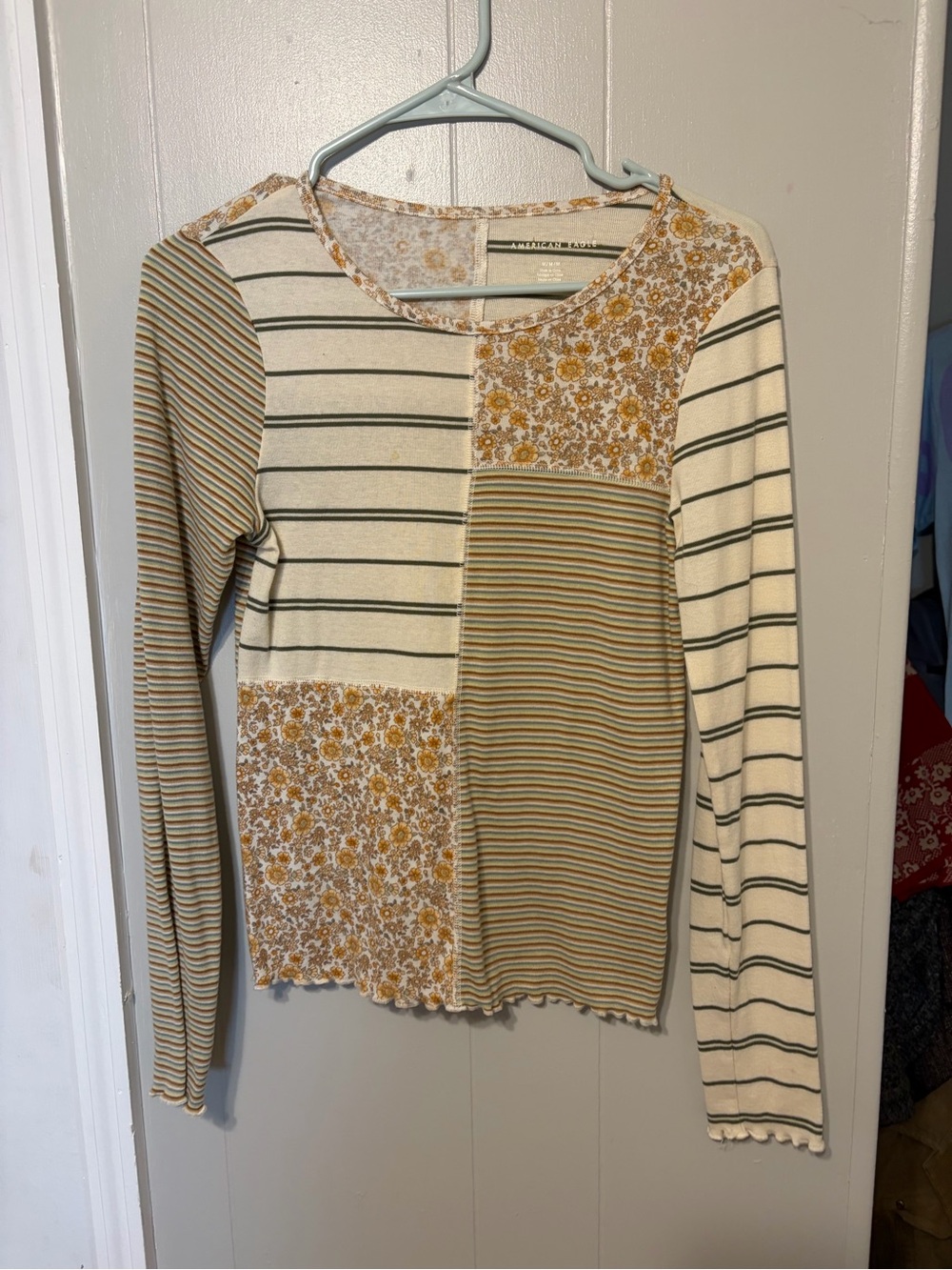 American Eagle Floral & Stripe Long Sleeve Top - Mustard/Cream